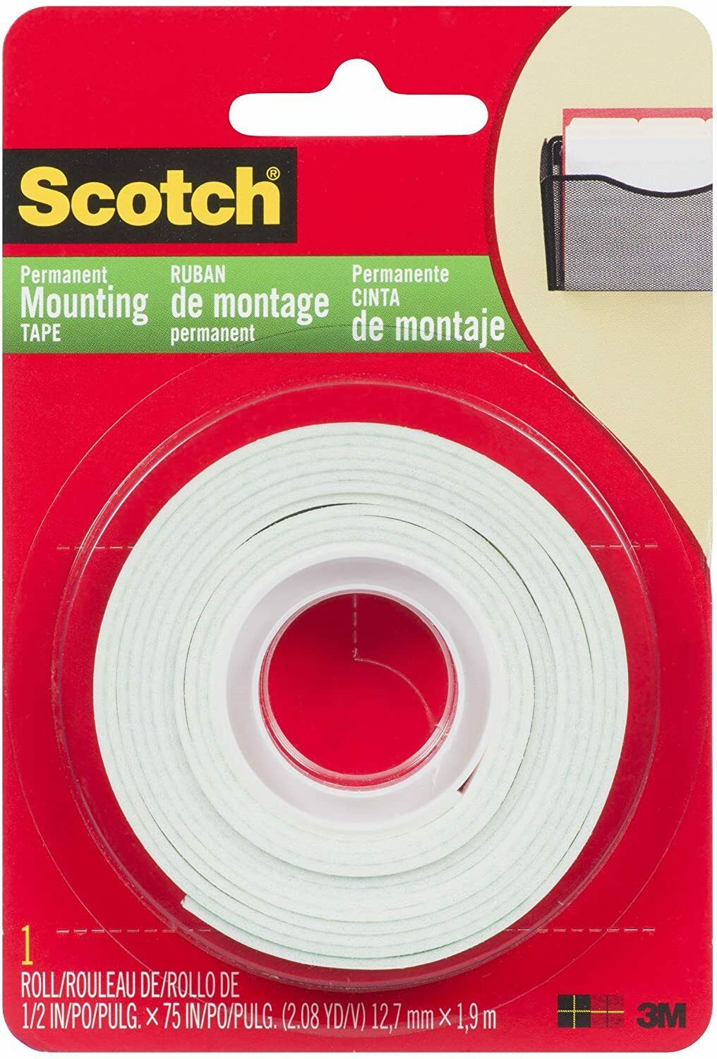 Scotch Foam Mounting Double-sided Tape, White Indoor Mounting Tape 1/2" X 75"