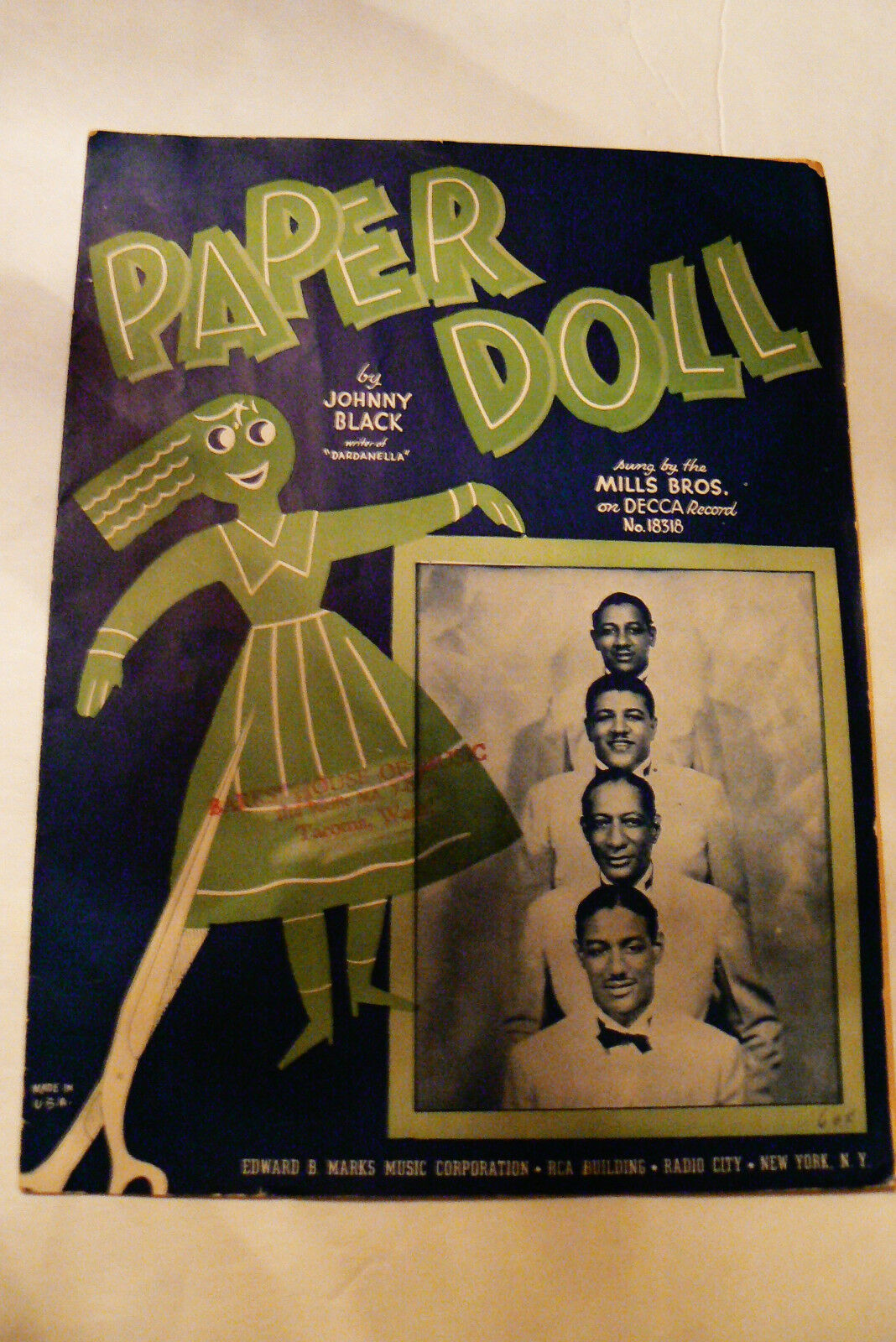 Vtg 1930 Paper Doll By Johny Black Sung By Mills Bros 1943 Sheet Music
